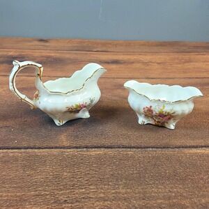 Hammersley Creamer and Sugar Bowl Set White Excellent Floral Gold Trim Footed
